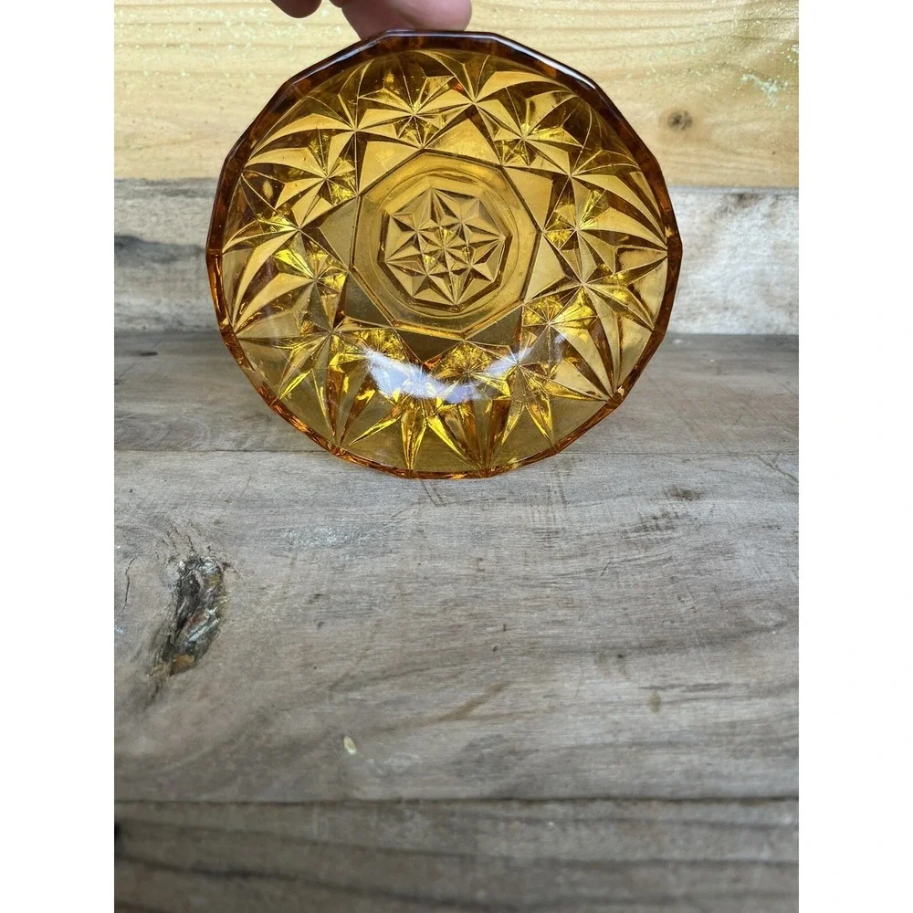 Vintage Amber  Round Cut Glass Candy, Nut Dish  1970s Trinket Dish Candy‎ Dish